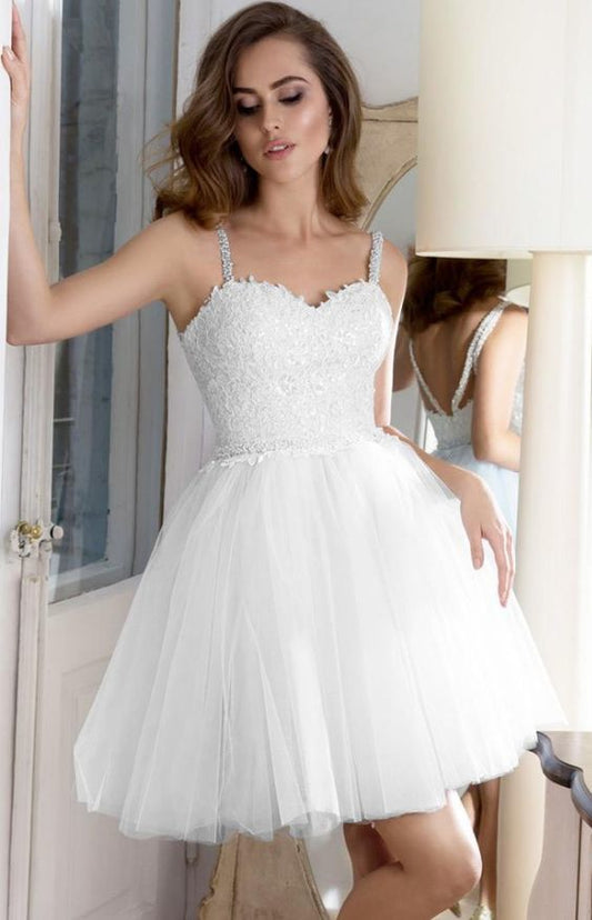 Weißes A-Linien-Abendkleid mit Perlen und Spitzenapplikationen cg1104