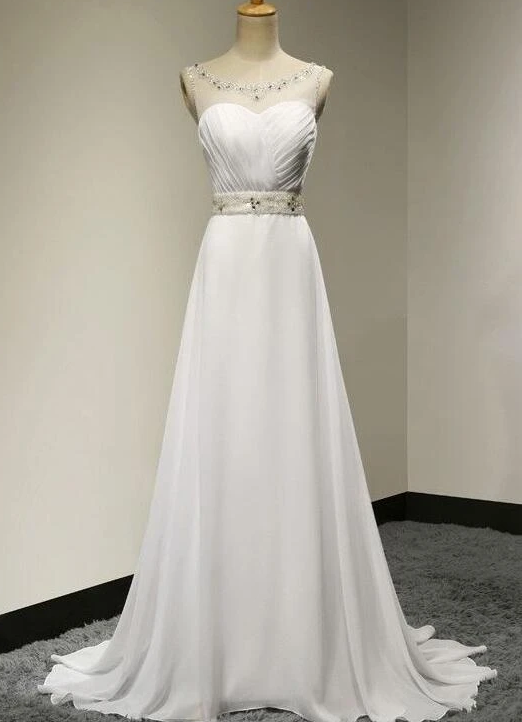 White Chiffon Simple Beaded Round Neckline Long Prom Dress, White Form classygown White Chiffon Simple Beaded Round Neckline Long Prom Dress, White Form classygown