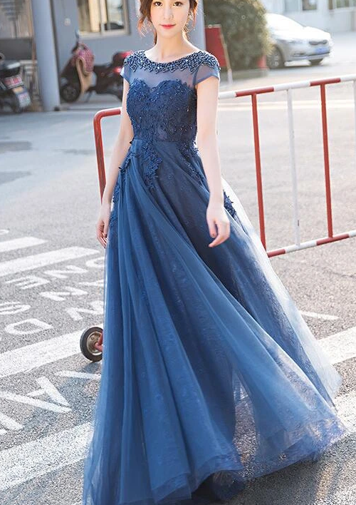 Blue Lace Cap Sleeves Long Evening Dress, A-Line Backless Prom Dress cg11046
