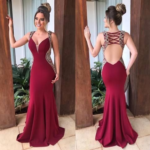 Burgunderrotes Meerjungfrau-Abschlussballkleid, sexy, offener Rücken, Perlen, bodenlang, luxuriöse Abend- und Partykleider, cg11052