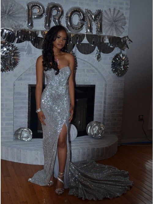Sexy Mermaid Sweetheart Sweep Train Silver Sequined Prom Dress with Split cg11056