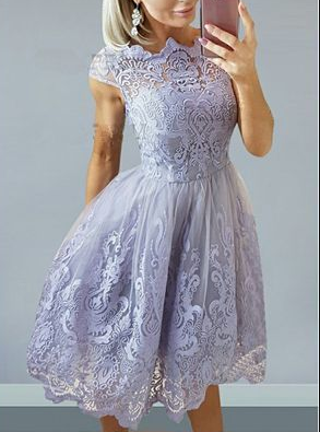 A-Linie Bateau-Ausschnitt Flügelärmel Lila Homecoming-Kleid mit Applikationen cg1107