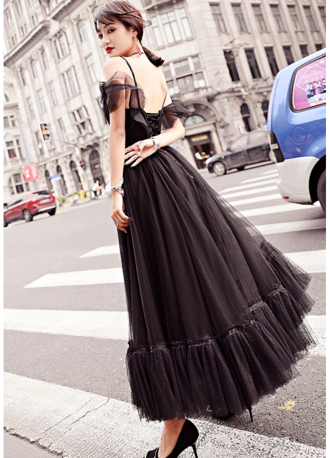 Black tulle lace tea length prom dress, lace tulle evening dress cg11072