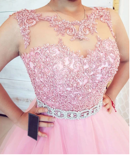 Pink round neck tulle lace long prom dress. pink evening dress cg11073