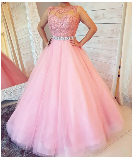 Pink round neck tulle lace long prom dress. pink evening dress cg11073