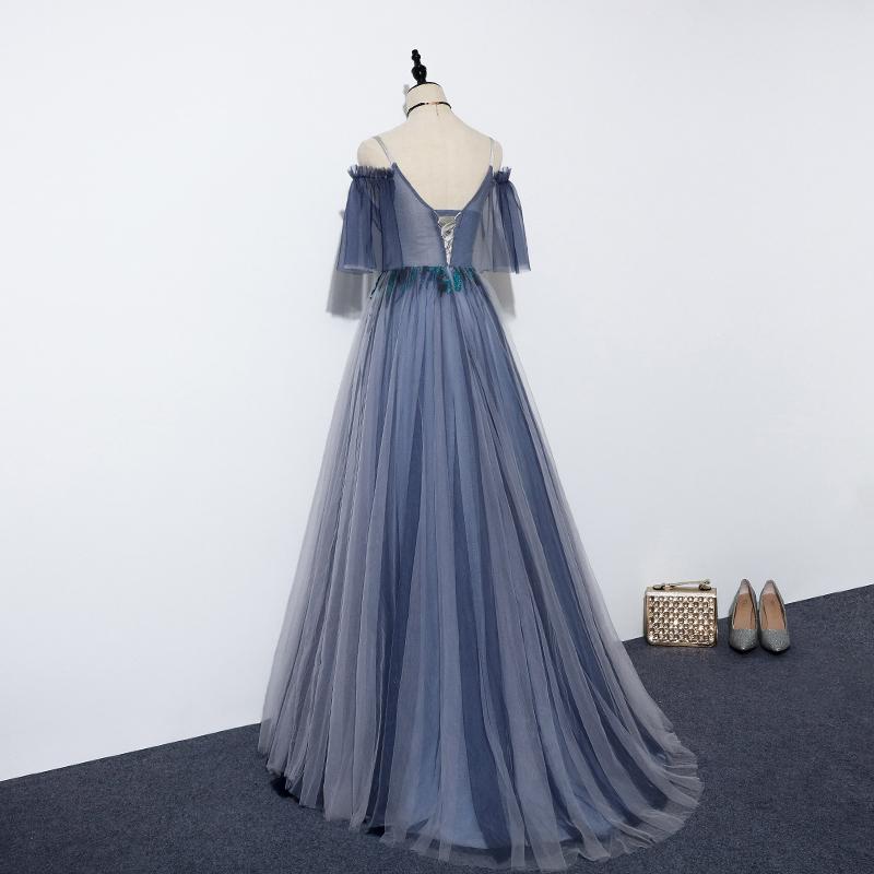 Blue Tulle Straps V-Neckline Long Formal Dress, Long Party prom Dress 2020 cg11078
