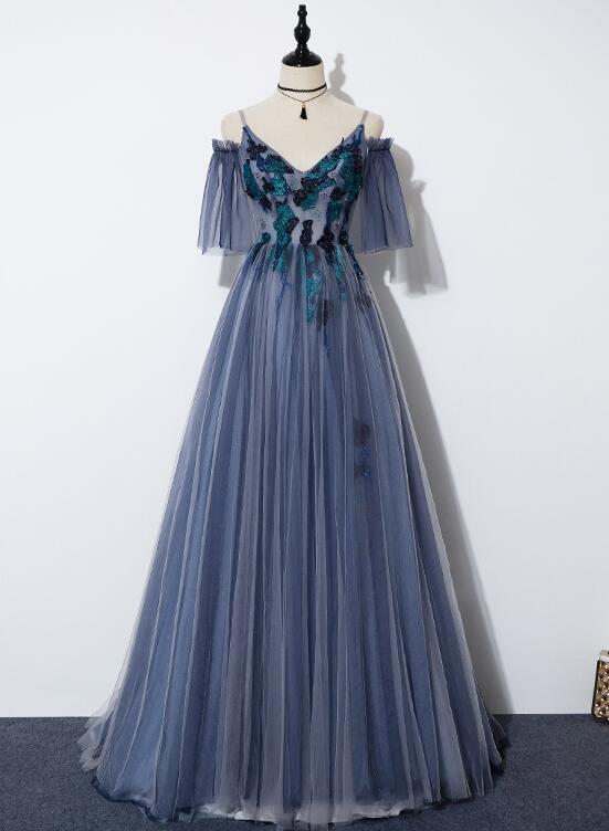 Blue Tulle Straps V-Neckline Long Formal Dress, Long Party prom Dress 2020 cg11078