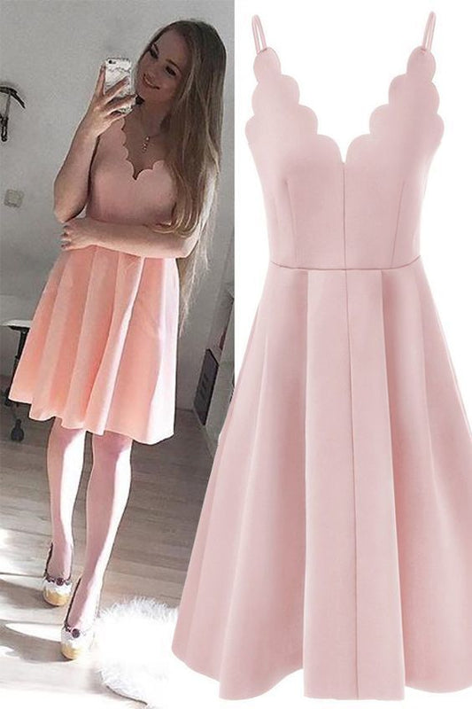Rosa A-Linie Spaghetti Kurzes Satin Homecoming-Kleid cg1109