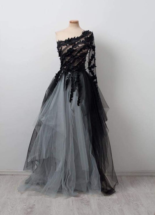Schwarzes Ballkleid Brautkleider Tüll ein Schulter Brautkleid Einzigartiges Ballkleid cg11090