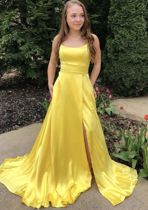 Yellow satin long prom dress simple evening dress cg11105