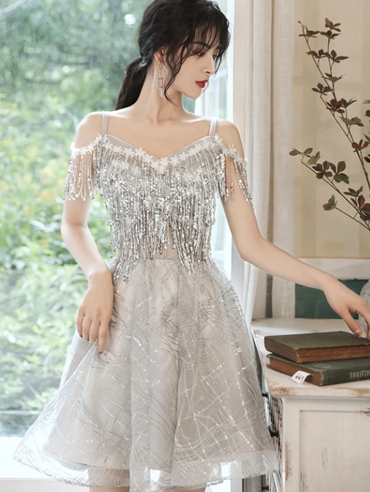 Gray tulle sequins short dress party dress homecoming dresses cg11108