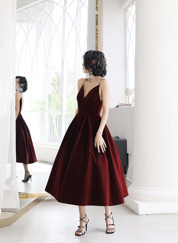 Burgundy velvet short prom dress party dress cg11112