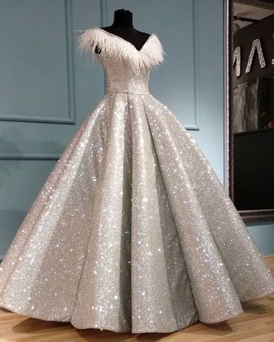 Sliver Glitter Sequins Ball Gown Prom Dress Feathers Sexy Deep V Neck Formal Evening dress cg11131