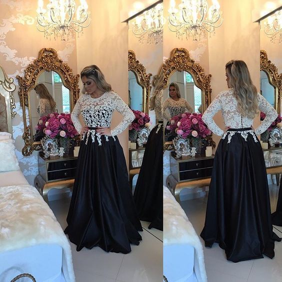 Ivory / Black Satin A Line Long Sleeve Prom Dress, Evening Gown With Lace Top cg11137