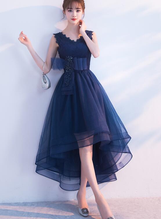 Navy Blue V-Neckline High Low Tulle Party Dress, Blue Homecoming Dress cg11147