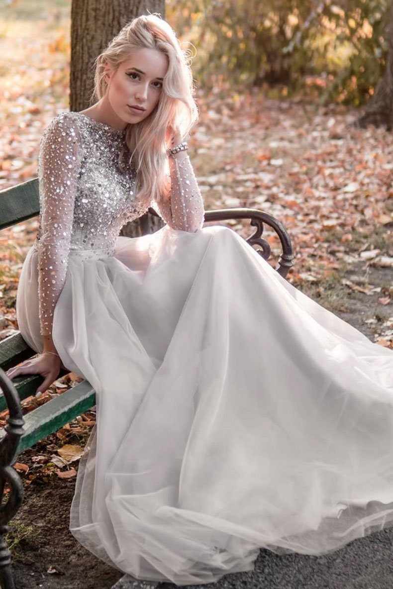 Gray tulle sequin beads long prom dress gray tulle formal dress cg11148
