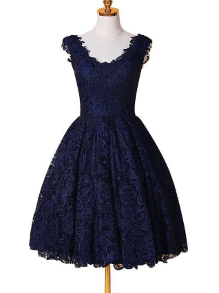 A-Linie V-Ausschnitt Blaues Spitzen-Heimkehrkleid, Einfache Heimkehrkleider cg1115