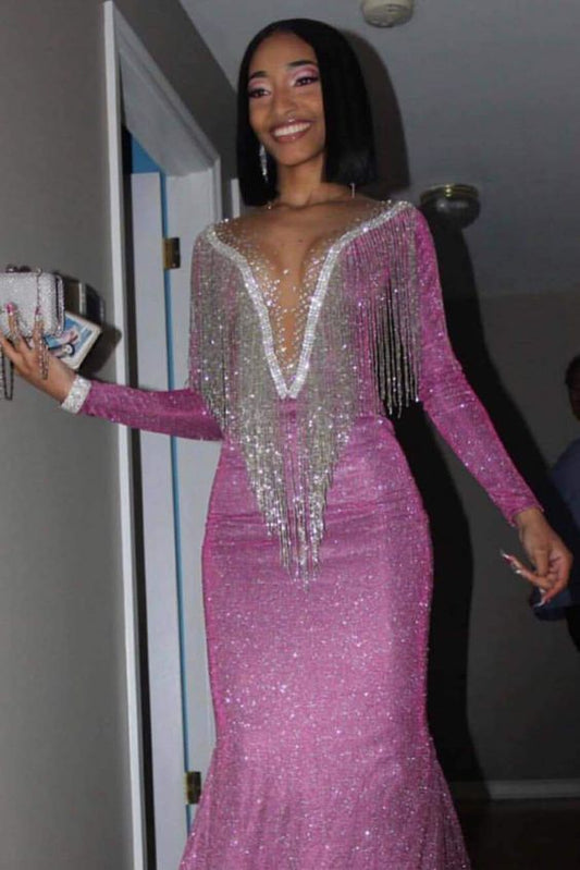 Lange Ärmel, tiefer V-Ausschnitt, Meerjungfrau-Ballkleid, cg11151