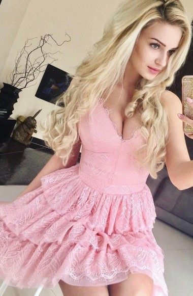 Sexy A-Linie Spaghettiträger Rosa Kurzes Kleid mit Spitze, Einfache Homecoming Kleider cg1116