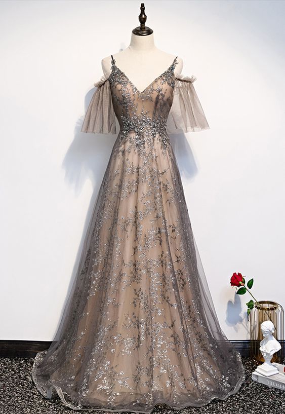 Unique Long Tulle Lace V Neck Spaghetti Straps Prom Dress With Sleeve cg11164