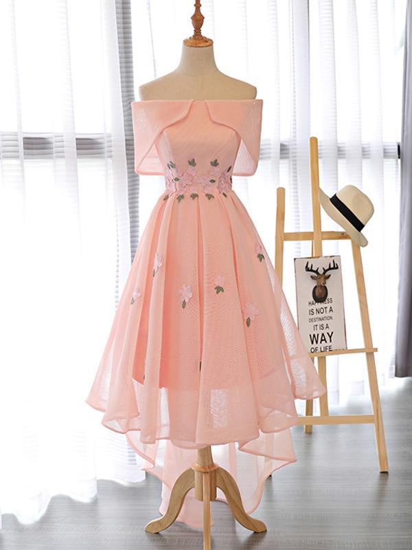 Pink Cute High Low Off Shoulder Homecoming Dress With Flowers cg11173