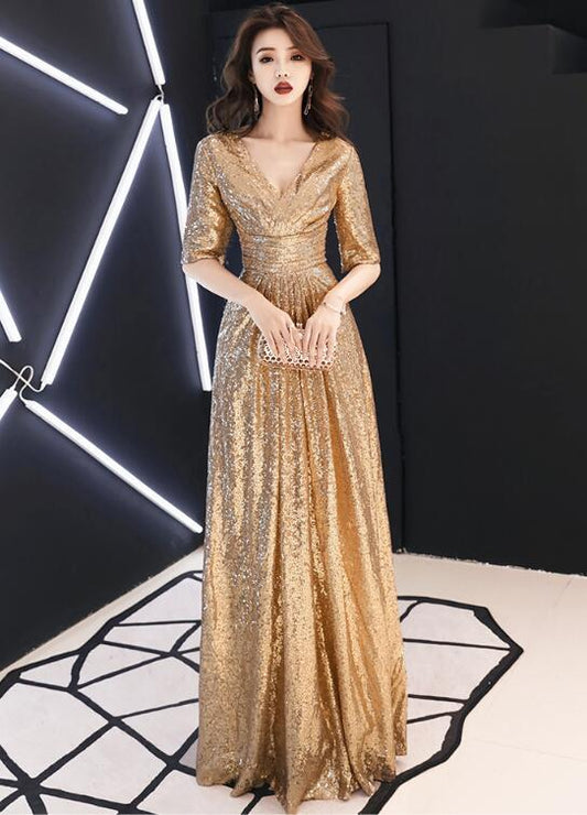 Glänzendes, goldenes, langes Brautjungfernkleid mit V-Ausschnitt, Ballkleid cg11174