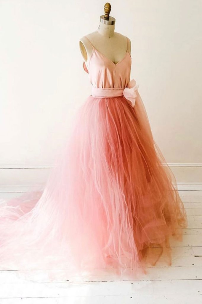PINK V NECK TULLE LONG PROM DRESS PINK TULLE FORMAL DRESS cg11176