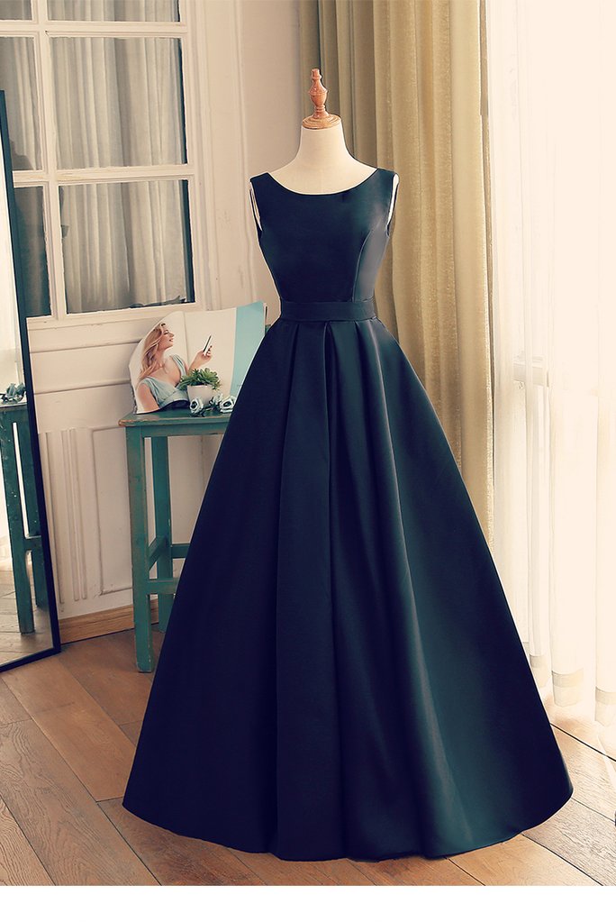 Black Round Neckline Satin Long Party Dress, A-Line Floor Length Evening Dress Prom Dress cg11204