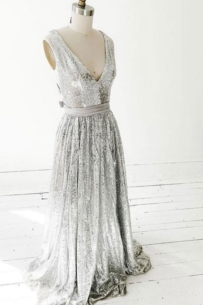 Simple gray v neck sequin long prom dress gray formal dress cg11205