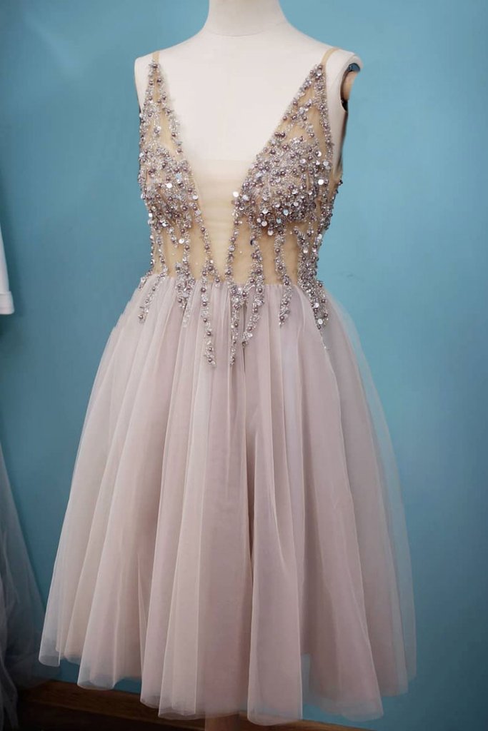 GRAY V NECK TULLE BEADS SEQUIN SHORT HOMECOMING DRESS GRAY FORMAL DRESS cg11206
