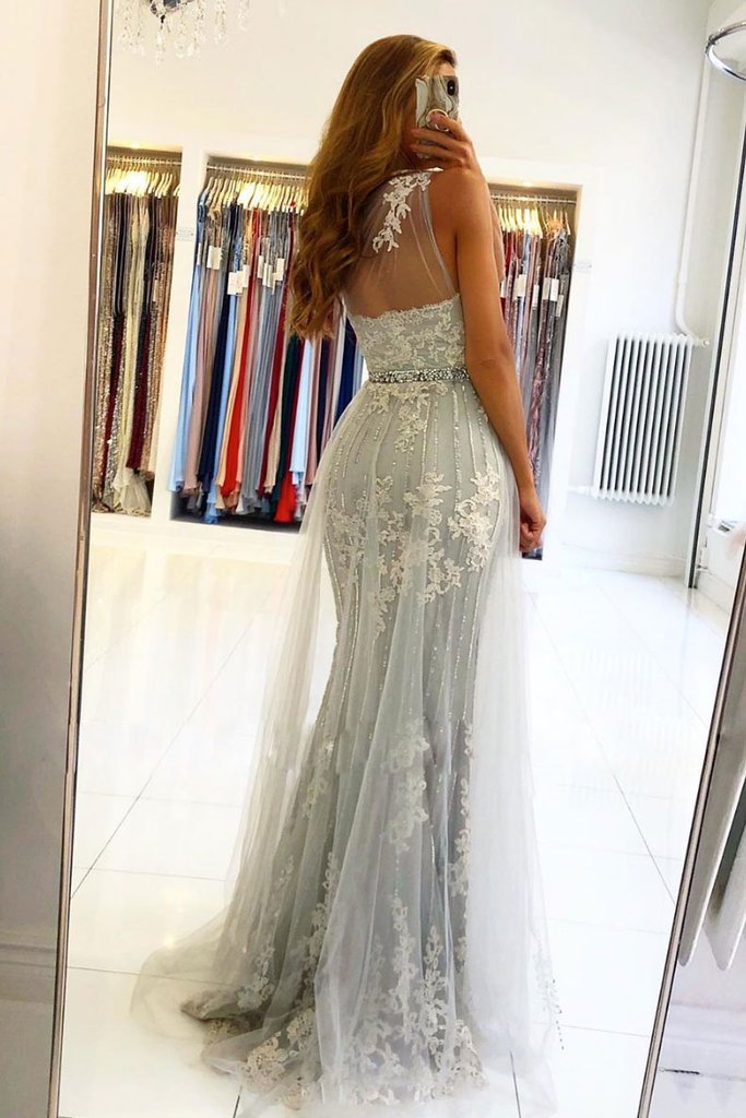GRAY ONE SHOULDER TULLE LACE LONG PROM DRESS GRAY EVENING DRESS cg11207