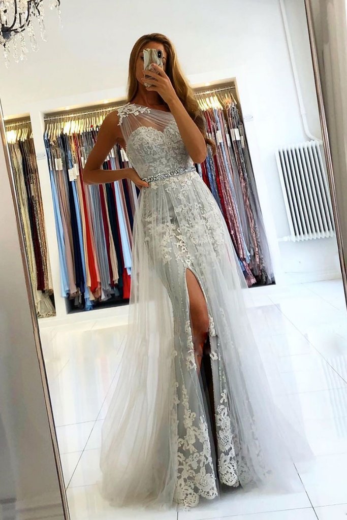 GRAY ONE SHOULDER TULLE LACE LONG PROM DRESS GRAY EVENING DRESS cg11207