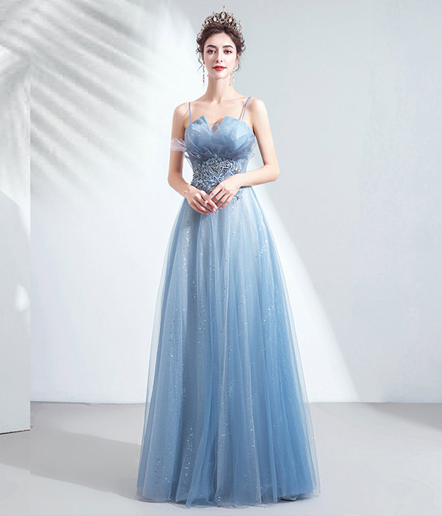 BLUE TULLE LACE LONG PROM GOWN FORMAL DRESS cg11209