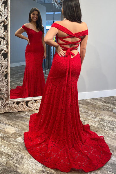 Off the Shoulder Mermaid Red Lace Evening Dress Prom Dress cg11218
