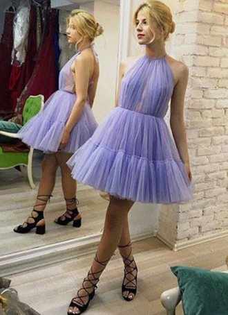 Einzigartiges A-Linie Neckholder Rückenfreies Plissee Lavendel Tüll Homecoming Kleid,Formelles Homecoming Kleid cg1122