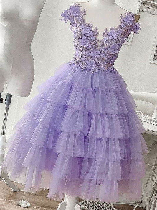 Lila Tüllapplikationen, kurzes Homecoming-Kleid, Homecoming-Kleid cg1123