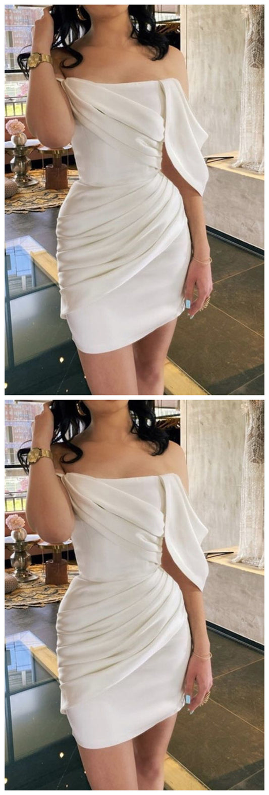 2019 Homecoming-Kleid aus weißem Satin, schulterfrei, kurzes Brautkleid, cg11231