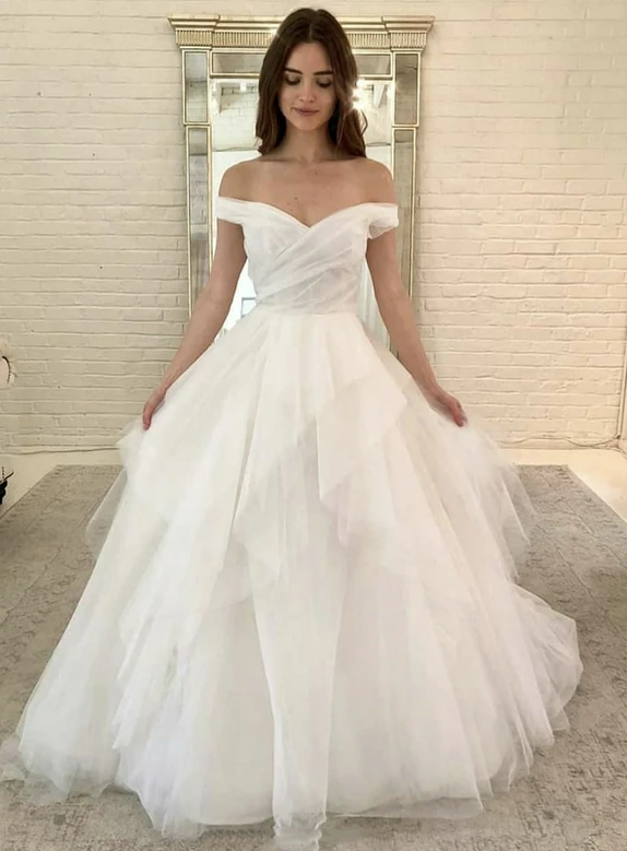 White off shoulder tulle long ball gown dress Prom Dress cg11240