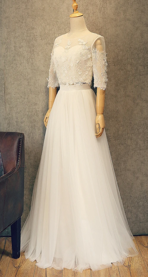 Beautiful White Tulle Two Piece Lace Party Dress, Simple White Evening classygown Beautiful White Tulle Two Piece Lace Party Dress, Simple White Evening classygown