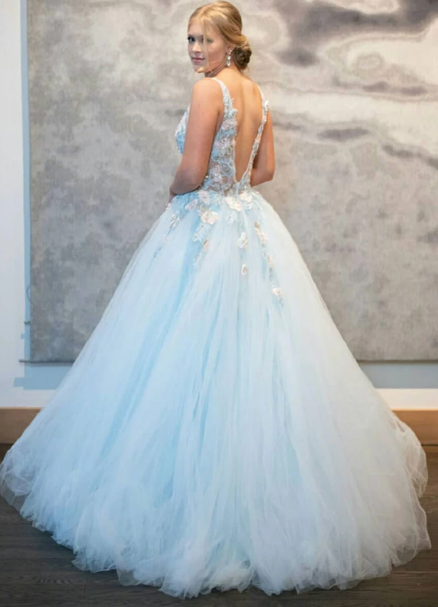 Blue v neck tulle lace long prom dress blue tulle formal dress cg11243