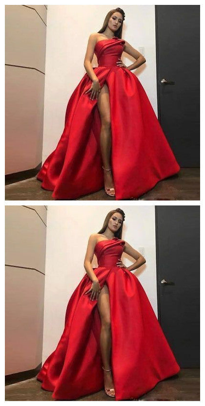 Sexy Schlitz Rot Satin Ballkleid Formale Abend Party One-Shoulder-Kleid cg11251