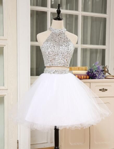 Glänzendes 2-teiliges Kleid mit hohem Halsausschnitt, Kristallperlen, bauschiges, kurzes Homecoming-Kleid für den Abschluss, cg1126