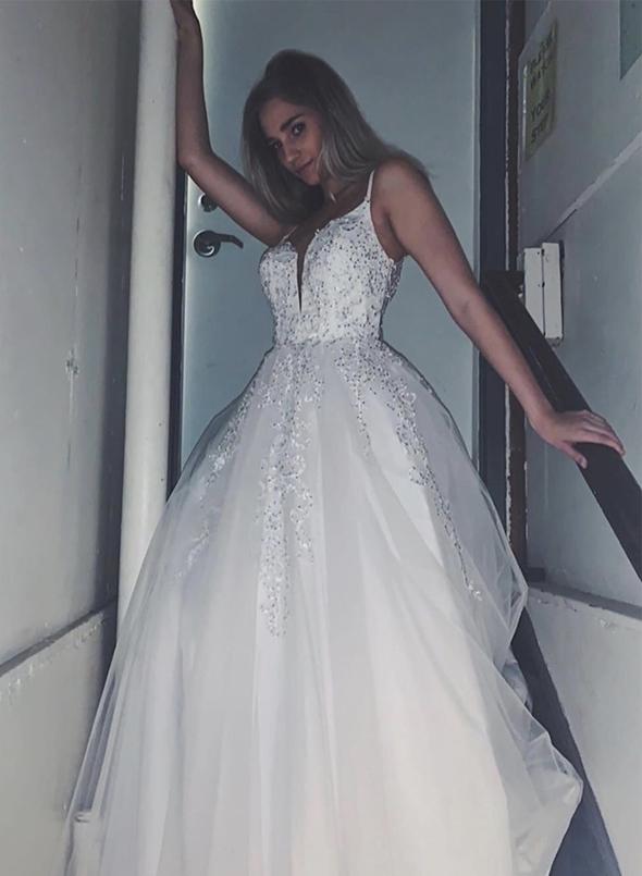 White tulle lace long prom dress evening dress cg11265