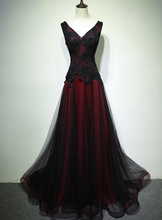 Gorgeous Black And Red V-Neckline Tulle Beaded Prom Dress, Long Evenin classygown Gorgeous Black And Red V-Neckline Tulle Beaded Prom Dress, Long Evenin classygown