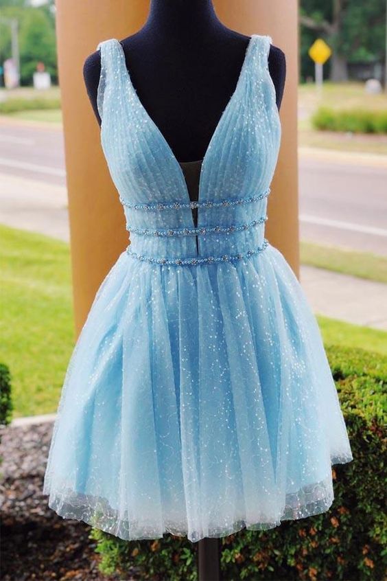 V-Neck Sparkling Beading Sky Blue Short Homecoming Dress cg11328