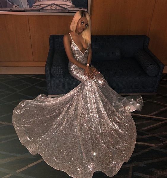 Sexy Deep V Neck Prom Dresses Silver Sequins cg11341