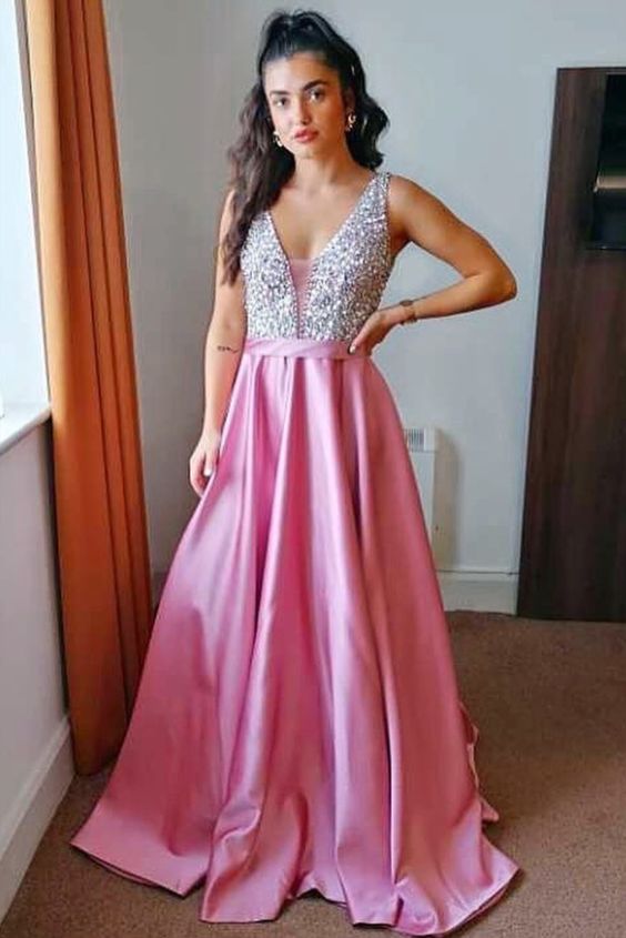princess pink satin and silver sequins top long prom dress formal dress cg11360