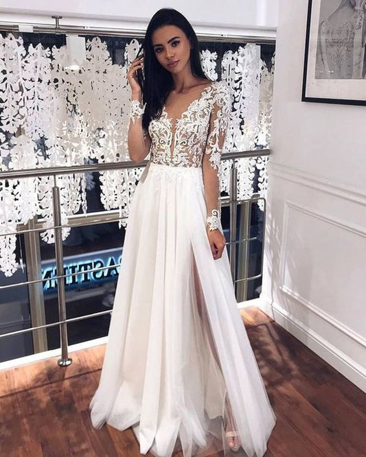 Mode V-Ausschnitt Lange Ärmel Split Brautkleider Ballkleider cg11377