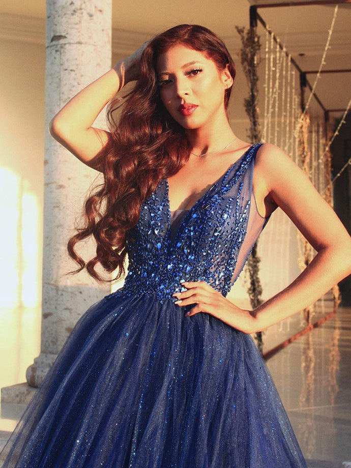 Gorgeous A-Line V Neck Open Back Navy Blue Beaded Long Prom Dresses cg11391