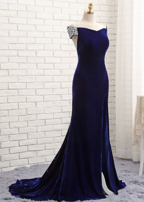 Prom Dresses ,Mermaid V-neck Backless Velvet Crystals Slit cg11395